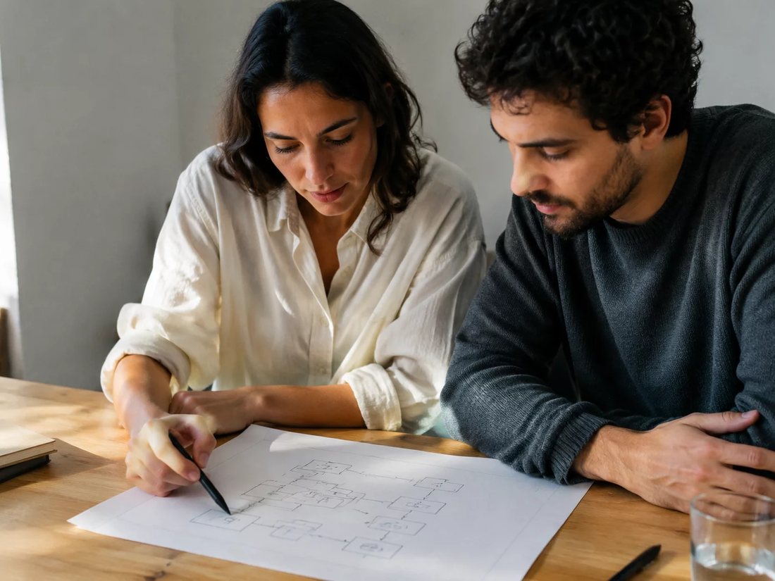 Colegas relendo no tablet as anotações da rodada anterior