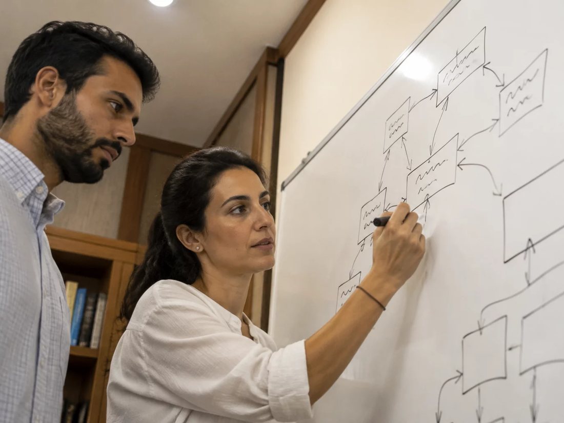 Duas pessoas riscando no quadro branco o esqueleto de uma tese
